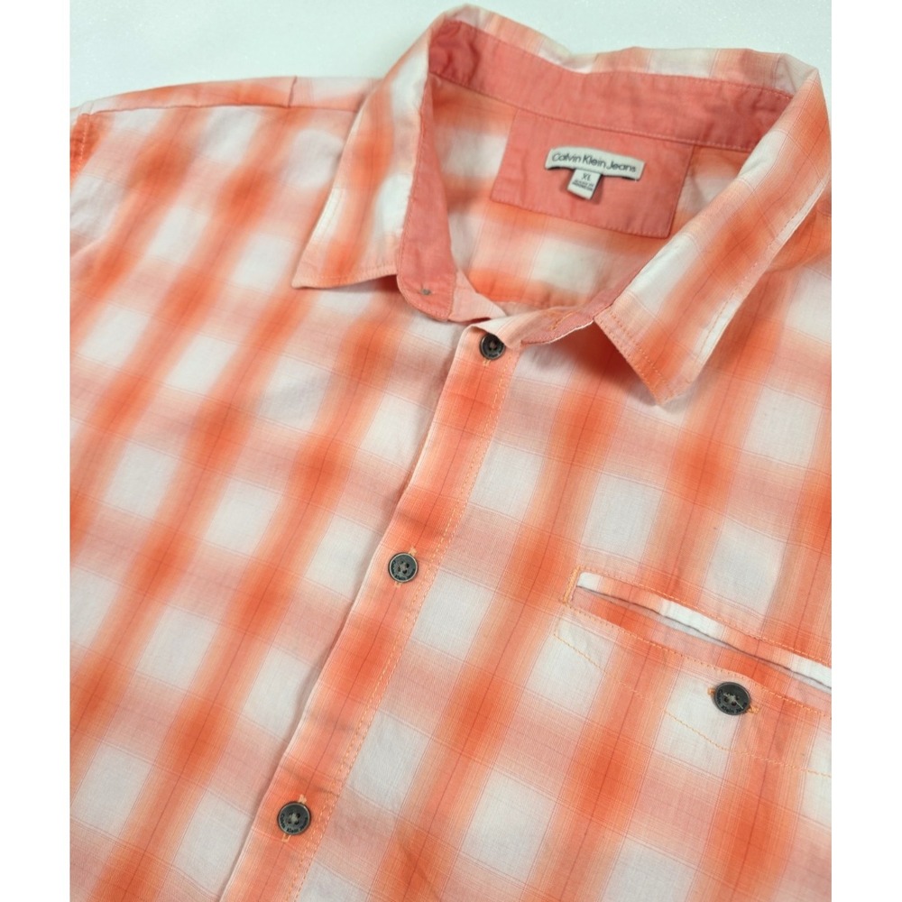 Calvin Klein Button Up SS Shirt Orange Tartan Plaid Size XL Casual Dress